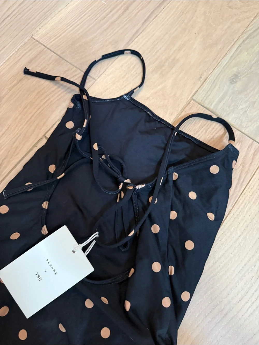 Sezane Black One-Piece Swimsuit with Tan Polka Dots